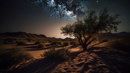 Obraz na płótnie Canvas Starry night in the desert, cactus tree with stars shining overhead, AI