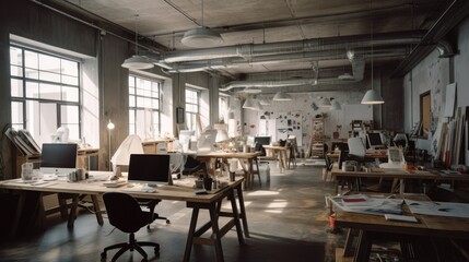Generic design office mockup, architecture, interior design or landscape architect office, AI