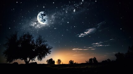 Night sky at dusk, moon and stars in the sky, trees and rural setting, AI
