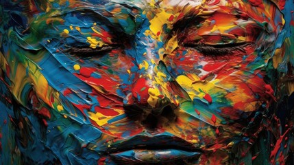 Painted face, colorful with reds, blues and yellows, face paint image, AI