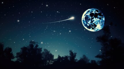 Shooting star and bright moon in the stary sky, AI