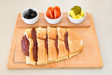 Turkish karisik atom Ayvalik tost ( kasarli bazlama tost) . Sucuklu, Kasarli, kavurmali karisik tost. Flat baked bread toasted