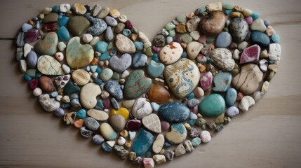 Rocks and pebbles in a heart shape, colorful heart, love stones, AI