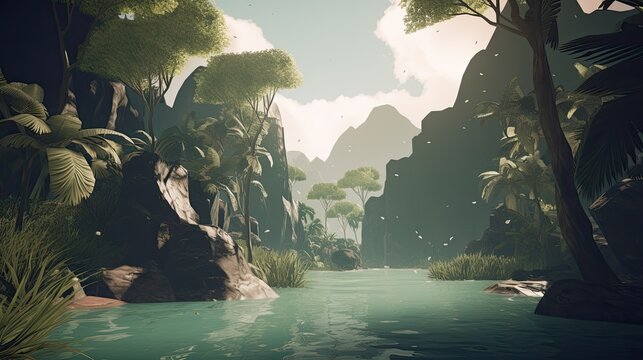 3D rendering of tropical river and cliffs, pirate hideout in the Caribbean, AI