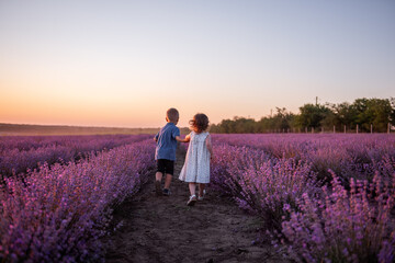 Playful cute boy girl are playing in rows of lavender purple field at sunset. Small couple runs after each other, catches up, holding hands. Cheerful, happy childhood. Travel in countryside. Allergy