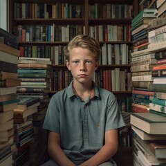 Overwhelmed by Knowledge: Young Boy Surrounded by a Sea of Books