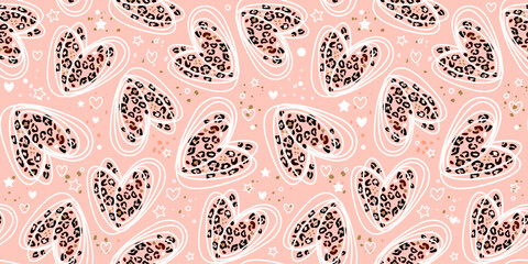 Heart signs seamless pattern and stylized leopard pattern inside the heart. Pink concept background Love, beauty, fashion. One continuous line drawing and spots of animal skin. © Liubov
