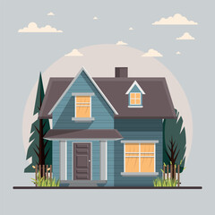 Cartoon house exterior with gray clouded sky Front Home Architecture Concept Flat Design Style.