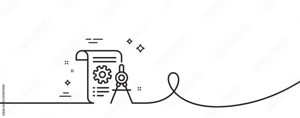 Poster divider document line icon. continuous one line with curl. engineering cogwheel tool sign. cog gear 