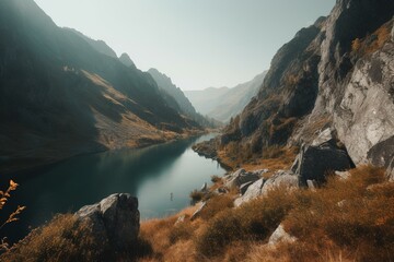 Fototapeta na wymiar Scenic view of mountain cliffs with lake in valley. Generative AI
