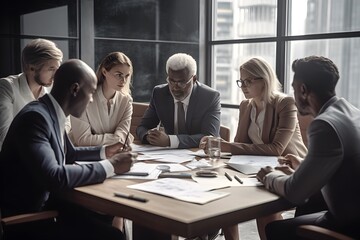 A group of professionals gathered around a conference table, engaged in a discussion. Generative Ai.