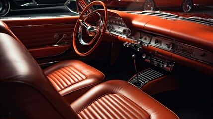 Luxurious leather interior of a retro car control panel. Al generated