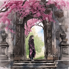 spring in the park, park gate, pink trees. Generative AI image.