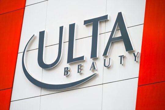 New York, NY - April 15, 2023 : Ulta Beauty NYC store logo sign close up