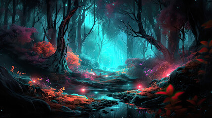 magical forest at night with colourful lights. Generative AI image.