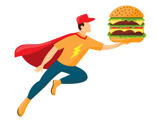 courier delivers burger as superhero in red cloak and cap with yellow lightning on t-shirt isolated