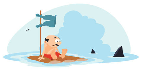Obraz na płótnie Canvas Man on raft surrounded by sharks. Illustration for internet and mobile website.