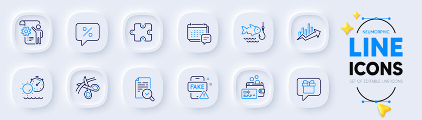 Settings blueprint, Tanning time and Fake news line icons for web app. Pack of Inspect, Puzzle, Fishing pictogram icons. Growth chart, Discount message, Scissors signs. Message, Card. Vector