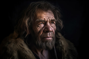 Fototapeta na wymiar Portrait of prehistoric man on dark background. Face of Neanderthal caveman with beard. Ancestor of mankind. Created with Generative AI