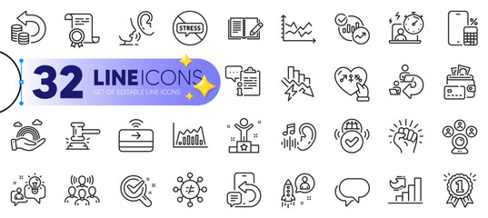 Outline set of Money, Saving electricity and Verified internet line icons for web with Idea, Statistics, Chemistry lab thin icon. Contactless payment, Phone calculator. Vector