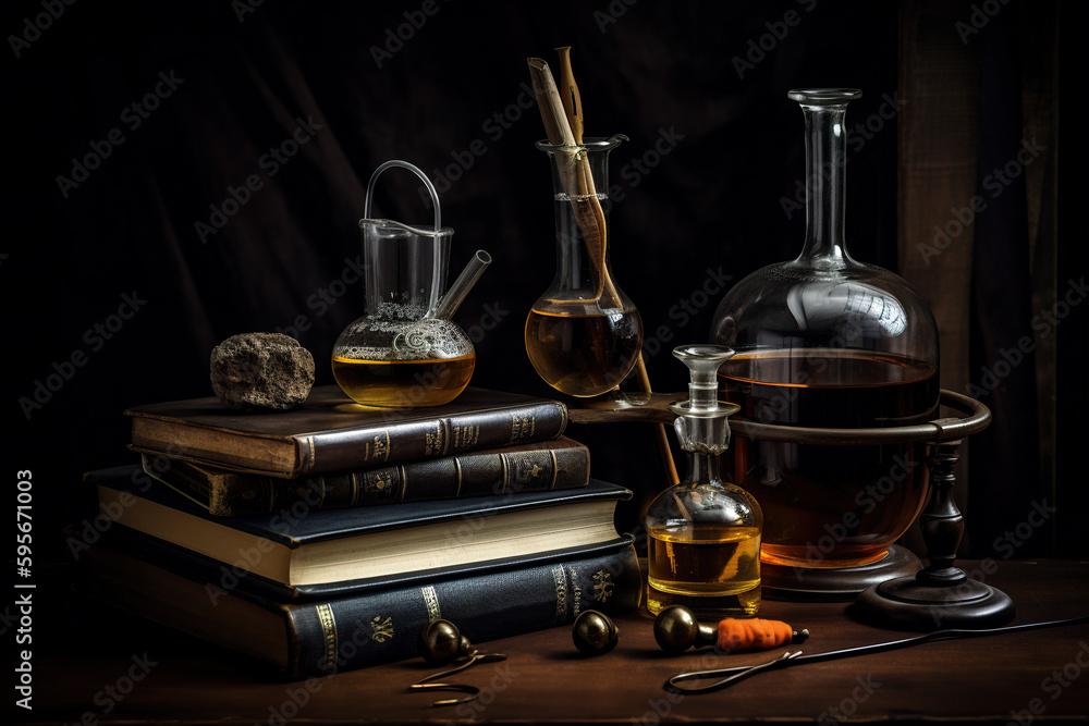 Poster a table topped with books and bottles filled with liquid. ai generative image chemistry concept.