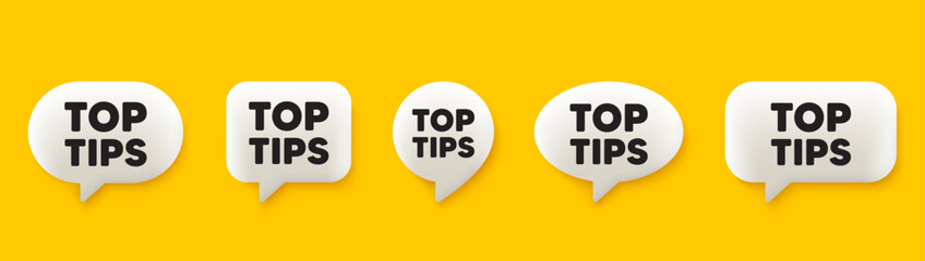 Top tips tag. 3d chat speech bubbles set. Education faq sign. Best help assistance. Top tips talk speech message. Talk box infographics. Vector