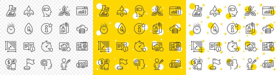 Outline Timer, Water resistant and Info line icons pack for web with Time, Chemistry lab, Manual line icon. Web traffic, Milestone, Bitcoin chart pictogram icon. No alcohol. Vector