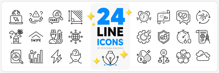 Icons set of Medical drugs, Timer and Thermometer line icons pack for app with Wind energy, Divider document, Seo gear thin outline icon. Boron mineral, Electricity, Time management pictogram. Vector
