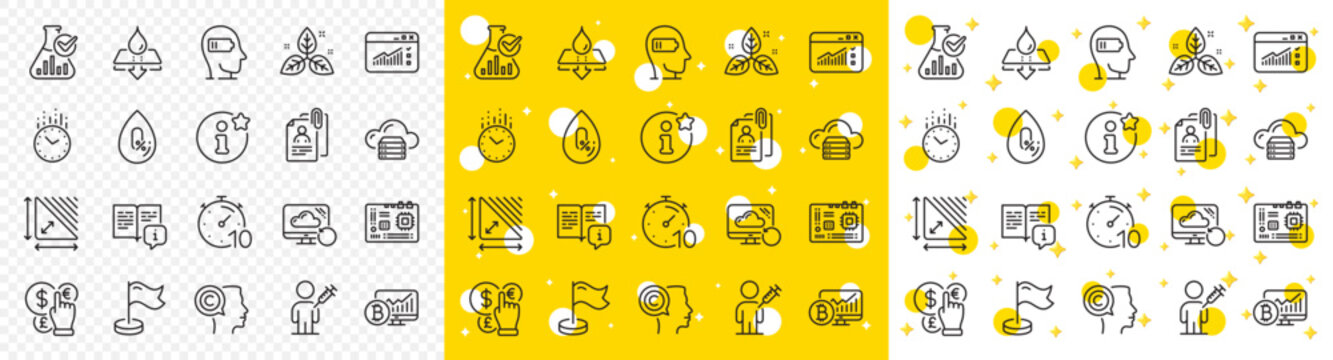 Outline Timer, Water resistant and Info line icons pack for web with Time, Chemistry lab, Manual line icon. Web traffic, Milestone, Bitcoin chart pictogram icon. No alcohol. Vector