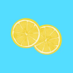 Limones en rodajas en un fondo azul celeste. Dos rodajas de limón, fruta tropical amarilla. Ilustración de cítricos. 