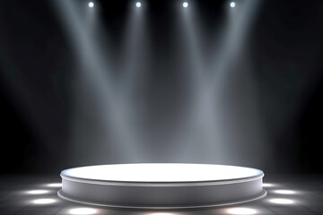 A white podium with lights on it and a black background  generative ai