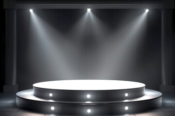 A white podium with lights on it and a black background  generative ai