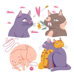 Illustration set of cute cats in love. Cartoon style funny cats sitting, lying together with hearts formed by tails, holding I Love You signs or flowers, perfect for Valentines Day greeting cards