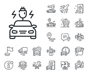 Vehicle charge plug sign. Plane, supply chain and place location outline icons. Car charging line icon. Electric power symbol. Car charging line sign. Taxi transport, rent a bike icon. Vector
