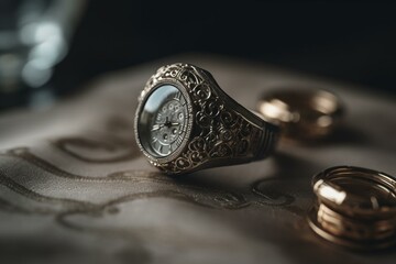 Wedding rings and clock symbolize the wedding time. An ideal image for weddings and relationships. Generative AI