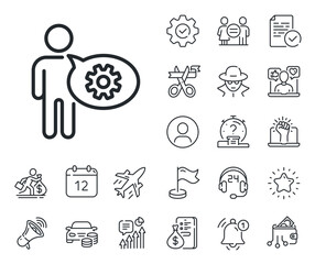 Engineering tool sign. Salaryman, gender equality and alert bell outline icons. Cogwheel line icon. Man talk symbol. Cogwheel line sign. Spy or profile placeholder icon. Online support, strike. Vector