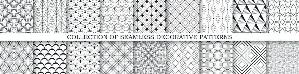 Collection of vector seamless geometric ornamental patterns - elegant monochrome design. Repeatable ornate black and white backgrounds.