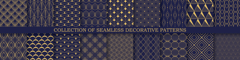 Collection of art deco seamless geometric ornamental patterns - elegant blue and gold design. Repeatable oriental luxury backgrounds. Decorative royal prints. - 595671863