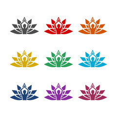 Lotus flower logo with woman silhouette icon isolated on white background. Set icons colorful