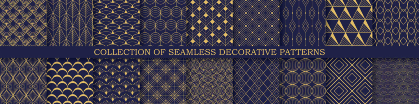 Naklejka Collection of art deco seamless geometric ornamental patterns - elegant blue and gold design. Repeatable oriental luxury backgrounds. Decorative royal prints.
