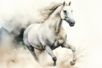 Fototapeta na wymiar Watercolor painting of a galloping white equine. Generative AI