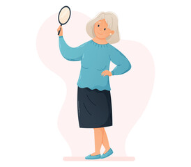 Obraz premium Cartoon Beautiful Old Woman looking at herself in a hand held round Mirror. Isolated Flat illustration of a standing Pensioner Grandmother.