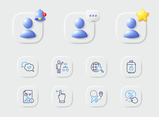 Gas cylinder, Touchscreen gesture and Web search line icons. Placeholder with 3d star, reminder bell, chat. Pack of Report, Algorithm, Approved icon. Airplane, Discount button pictogram. Vector