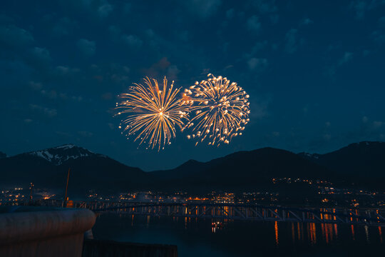 Abstract colored firework background with free space for text. July Fourth fireworks in Juneau, Alaska.