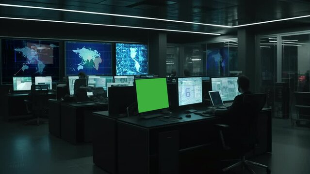 Silhouette of a professional IT programmer working in a data center on a desktop computer with three displays, developing software and hardware. 