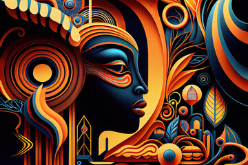 African woman in abstract futuristic wallpaper design (Generative AI)