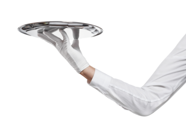 Waiter hand in glove with towel holding big silver tray, cut out