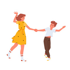 Happy mother and son dancing vector illustration. Cartoon isolated young woman in dress holding little boys hand to dance and enjoy fun movement, parent and adorable child at family home party