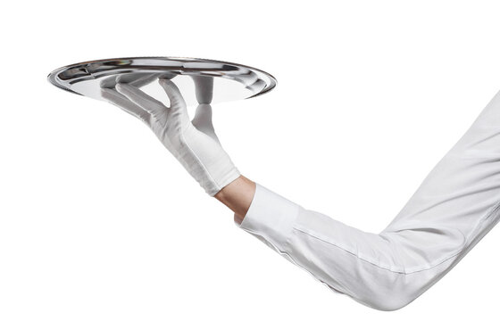 Waiter Hand In Glove With Towel Holding Big Silver Tray, Cut Out