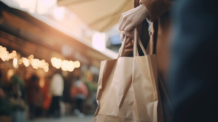 Close up of woman-s hand holding shopping bag, focus, while walking on the market blurred background  Generative AI
